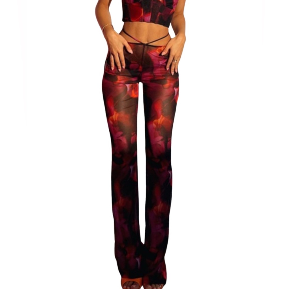 White Fox Rhythm Of The Night Pink Flame Print Mesh Flare Pants | NWT | Size XL
